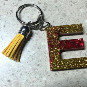 E Initial Resin Gold & Red Keychain
